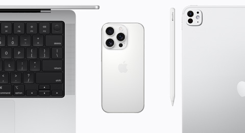 An open MacBook in Silver, an iPhone 16 Pro in White Titanium color, an Apple Pencil Pro, and an iPad Pro in Silver color
